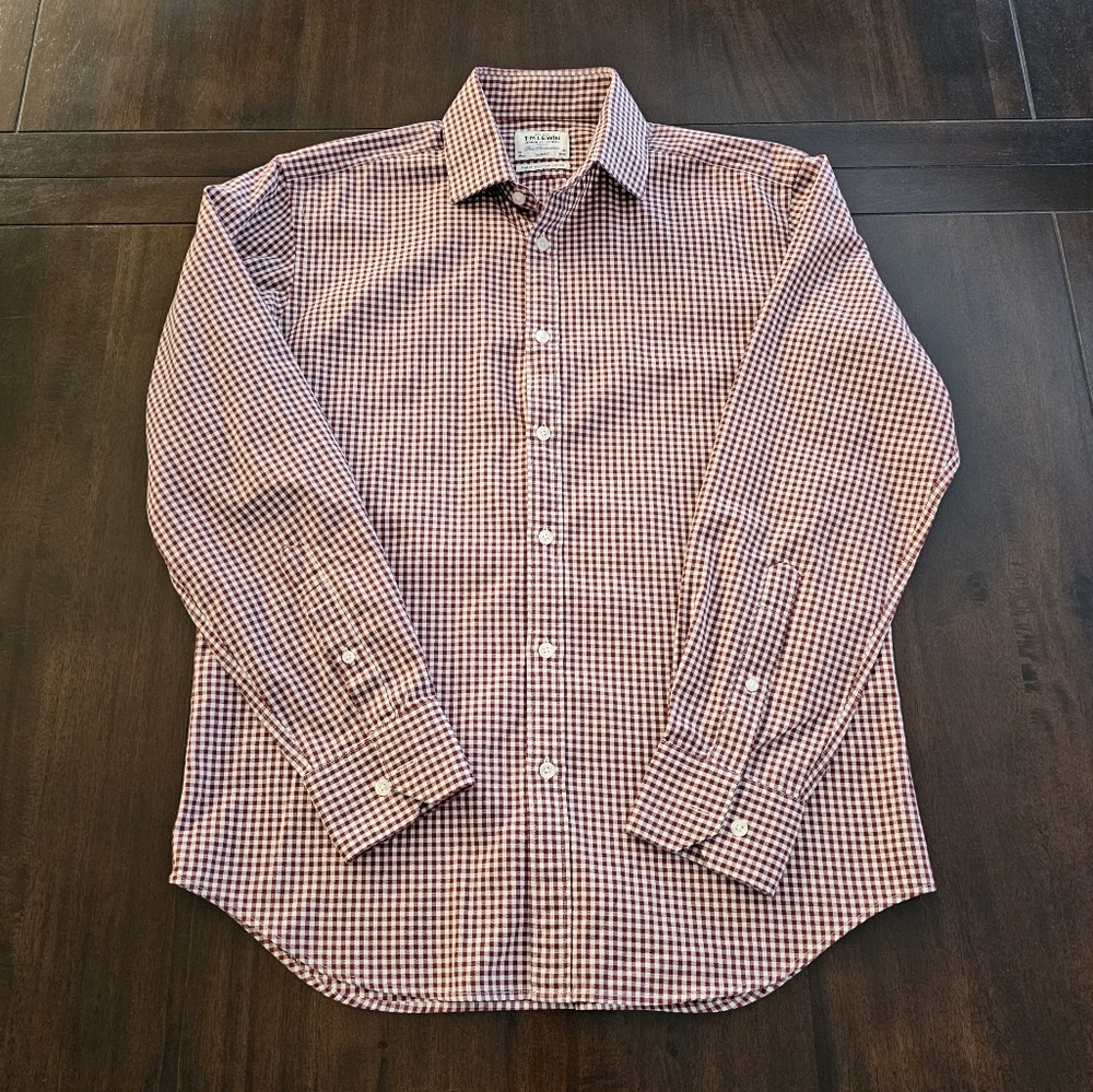 T.M. Lewin Size 16 X 35 maroon gingham dress shirt
